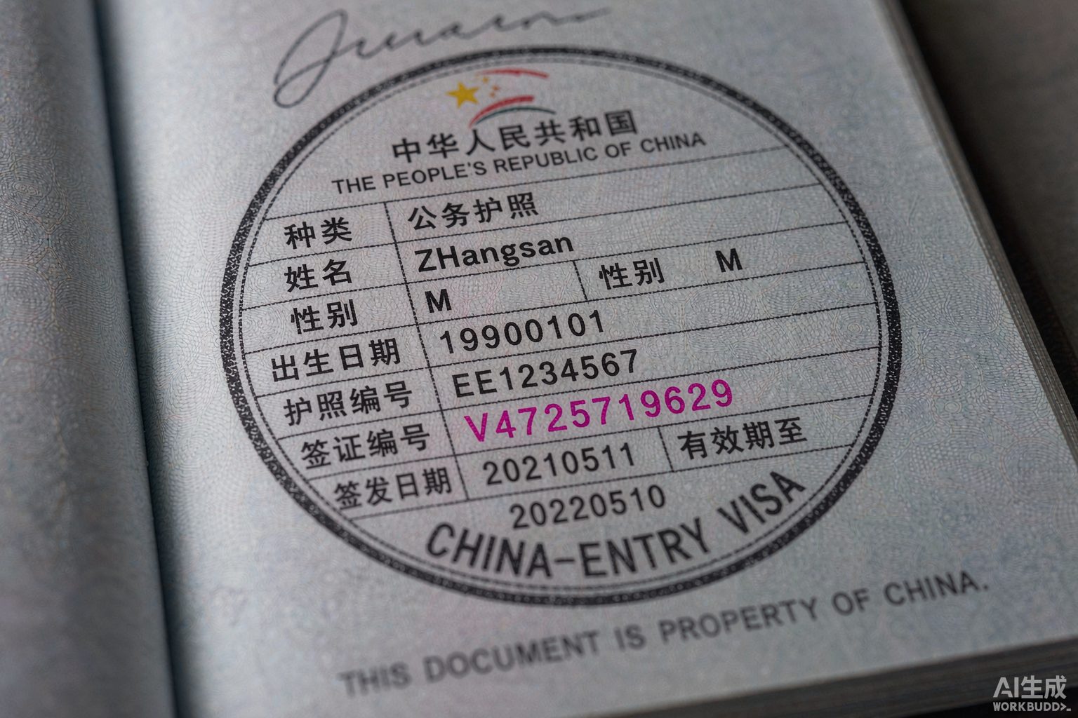 Chinese entry visa stamp in a passport